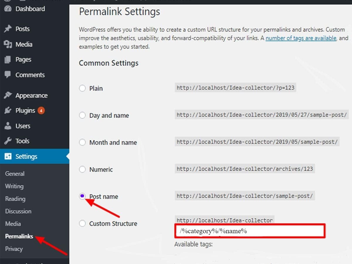 change WordPress permalink setting