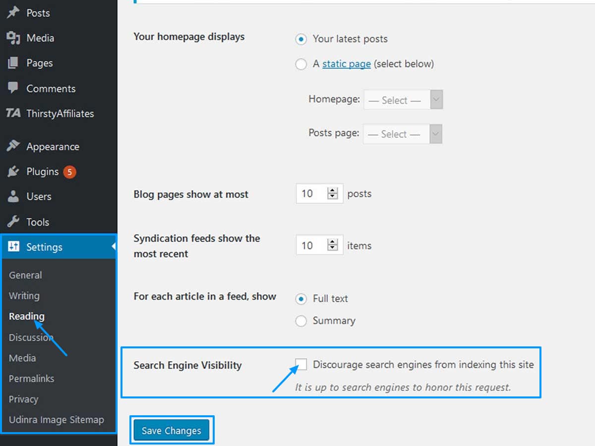 Check WordPress settings for Search Engine visibility