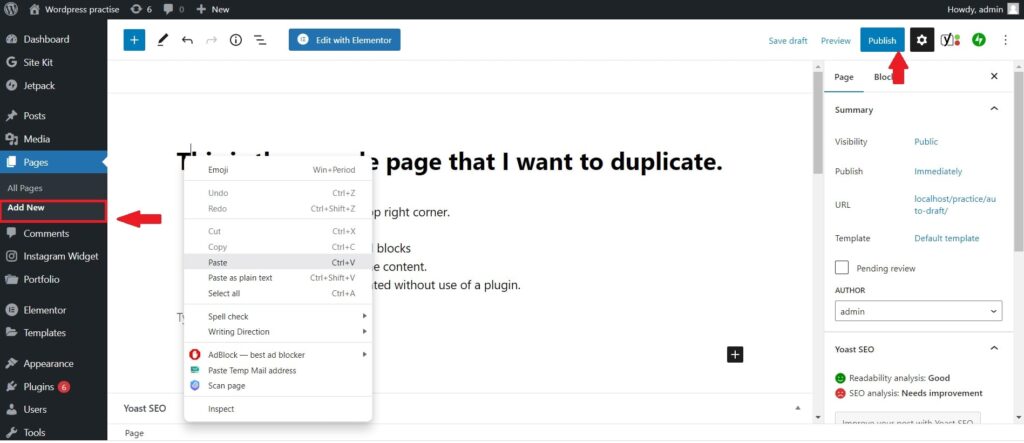 how to duplicate wordpress page and publish