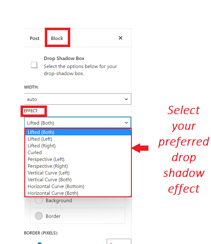 configure effect settings for drop shadow box widget