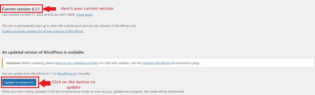 Update to latest wordpress version 6.2