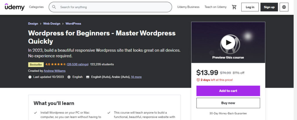 Best Courses for learning WordPress: Udemy 