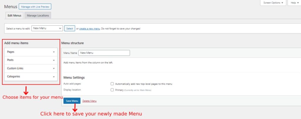 Navigation Menu on WordPress: Adding Items in menu